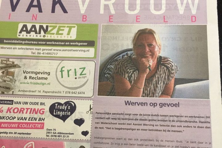Artikel over Aanzet in het blad Vakvrouw in beeld